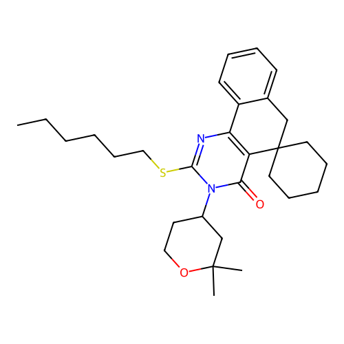 3-(2,2-dimethyloxan-4-yl)-2-hexylsulfanylspiro[6H-benzo[h]quinazoline-5,1'-cyclohexane]-4-one structure