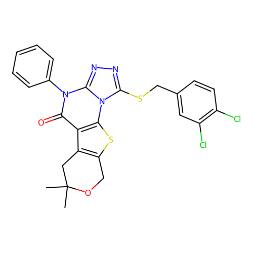 1-[(3,4-dichlorobenzyl)sulfanyl]-7,7-dimethyl-4-phenyl-6,9-dihydro-7H-pyrano[4',3':4,5]thieno[3,2-e][1,2,4]triazolo[4,3-a]pyrimidin-5(4H)-one structure
