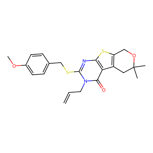 2-[(4-methoxybenzyl)sulfanyl]-6,6-dimethyl-3-(prop-2-en-1-yl)-3,5,6,8-tetrahydro-4H-pyrano[4',3':4,5]thieno[2,3-d]pyrimidin-4-one structure