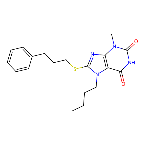 7-butyl-3-methyl-8-[(3-phenylpropyl)sulfanyl]-3,7-dihydro-1H-purine-2,6-dione structure