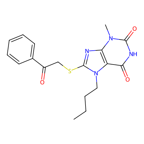 7-Butyl-3-methyl-8-(2-oxo-2-phenyl-ethylsulfanyl)-3,7-dihydro-purine-2,6-dione structure