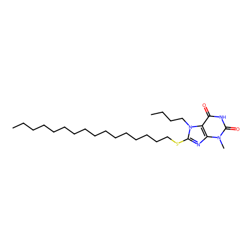 7-butyl-8-(hexadecylsulfanyl)-3-methyl-3,7-dihydro-1H-purine-2,6-dione structure