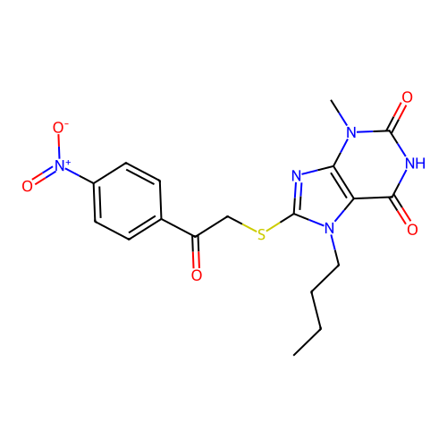 7-butyl-3-methyl-8-[2-(4-nitrophenyl)-2-oxoethyl]sulfanylpurine-2,6-dione structure