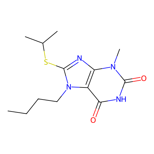 7-butyl-3-methyl-8-(propan-2-ylsulfanyl)-3,7-dihydro-1H-purine-2,6-dione structure