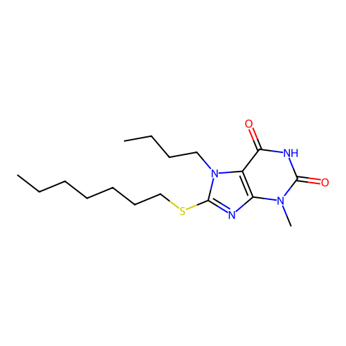 7-butyl-8-(heptylsulfanyl)-3-methyl-3,7-dihydro-1H-purine-2,6-dione structure