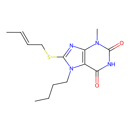 8-[(2E)-but-2-en-1-ylsulfanyl]-7-butyl-3-methyl-3,7-dihydro-1H-purine-2,6-dione structure