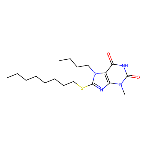 7-butyl-3-methyl-8-(octylsulfanyl)-3,7-dihydro-1H-purine-2,6-dione structure