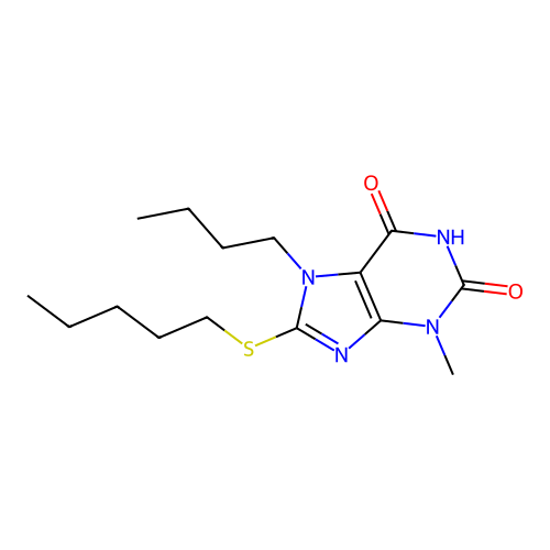 7-butyl-3-methyl-8-(pentylsulfanyl)-3,7-dihydro-1H-purine-2,6-dione structure