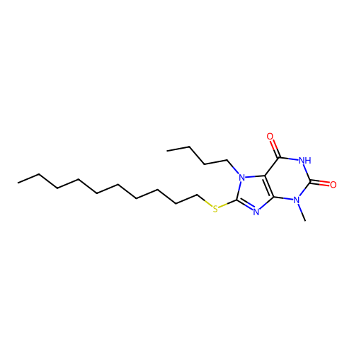 7-butyl-8-(decylsulfanyl)-3-methyl-3,7-dihydro-1H-purine-2,6-dione structure