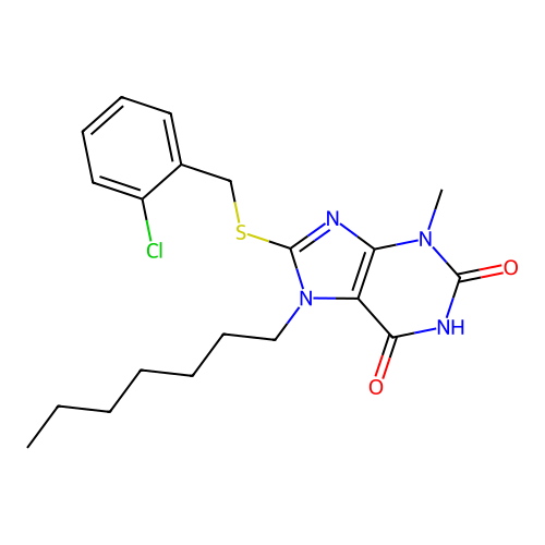 8-[(2-chlorobenzyl)sulfanyl]-7-heptyl-3-methyl-3,7-dihydro-1H-purine-2,6-dione structure