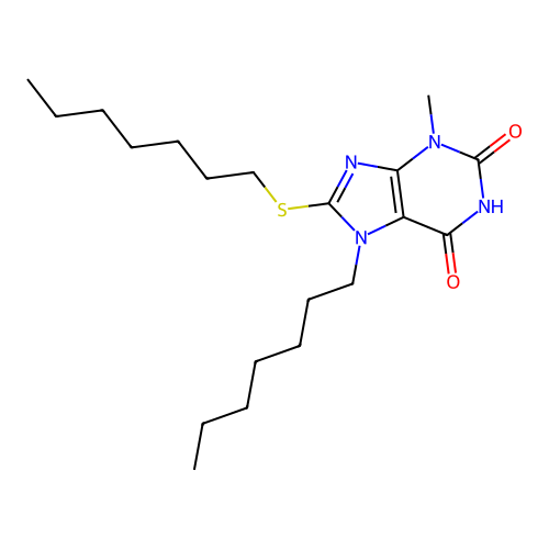 7-heptyl-8-(heptylsulfanyl)-3-methyl-3,7-dihydro-1H-purine-2,6-dione structure