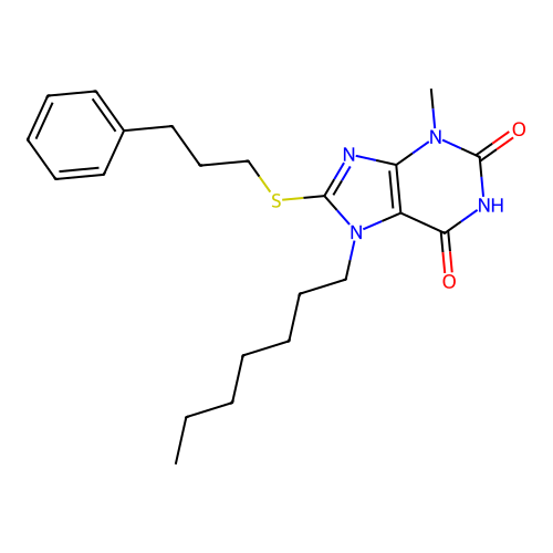 7-heptyl-3-methyl-8-((3-phenylpropyl)thio)-1H-purine-2,6(3H,7H)-dione structure