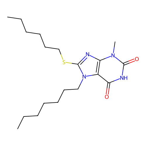 7-heptyl-8-(hexylsulfanyl)-3-methyl-3,7-dihydro-1H-purine-2,6-dione structure