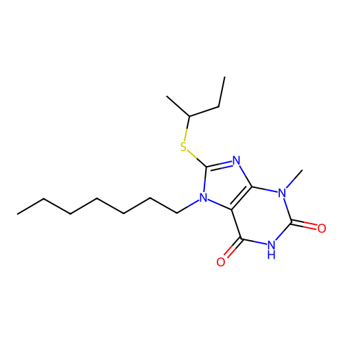 8-(butan-2-ylsulfanyl)-7-heptyl-3-methyl-3,7-dihydro-1H-purine-2,6-dione structure