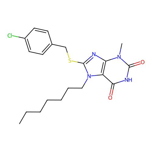 8-[(4-chlorobenzyl)sulfanyl]-7-heptyl-3-methyl-3,7-dihydro-1H-purine-2,6-dione structure