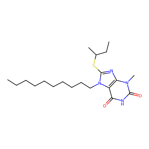 8-(butan-2-ylsulfanyl)-7-decyl-3-methyl-3,7-dihydro-1H-purine-2,6-dione structure