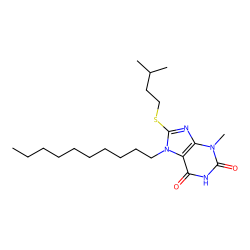 7-decyl-3-methyl-8-[(3-methylbutyl)sulfanyl]-3,7-dihydro-1H-purine-2,6-dione structure