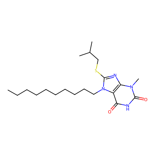 7-decyl-3-methyl-8-[(2-methylpropyl)sulfanyl]-3,7-dihydro-1H-purine-2,6-dione structure
