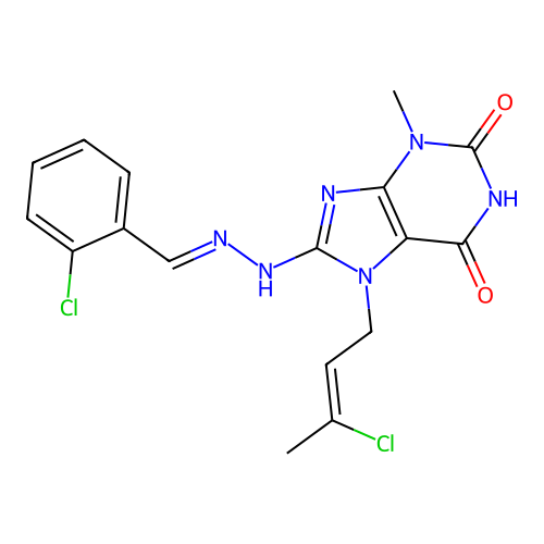 8-[(2E)-2-(2-chlorobenzylidene)hydrazinyl]-7-[(2Z)-3-chlorobut-2-en-1-yl]-3-methyl-3,7-dihydro-1H-purine-2,6-dione structure