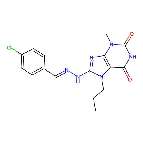 8-[(2E)-2-(4-chlorobenzylidene)hydrazinyl]-3-methyl-7-propyl-3,7-dihydro-1H-purine-2,6-dione structure
