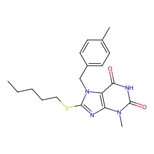 3-methyl-7-(4-methylbenzyl)-8-(pentylsulfanyl)-3,7-dihydro-1H-purine-2,6-dione structure
