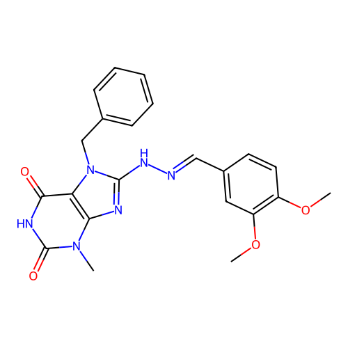 (E)-7-benzyl-8-(2-(3,4-dimethoxybenzylidene)hydrazinyl)-3-methyl-1H-purine-2,6(3H,7H)-dione structure