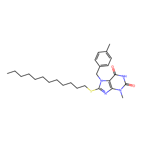 8-(dodecylsulfanyl)-3-methyl-7-(4-methylbenzyl)-3,7-dihydro-1H-purine-2,6-dione structure
