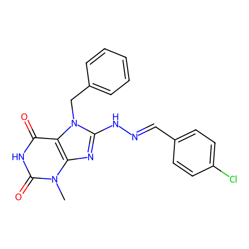7-benzyl-8-[(2E)-2-(4-chlorobenzylidene)hydrazinyl]-3-methyl-3,7-dihydro-1H-purine-2,6-dione structure