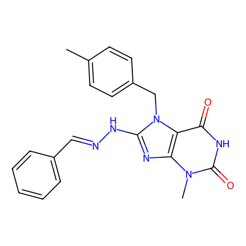 (E)-8-(2-benzylidenehydrazinyl)-3-methyl-7-(4-methylbenzyl)-1H-purine-2,6(3H,7H)-dione structure