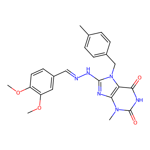 (E)-8-(2-(3,4-dimethoxybenzylidene)hydrazinyl)-3-methyl-7-(4-methylbenzyl)-1H-purine-2,6(3H,7H)-dione structure