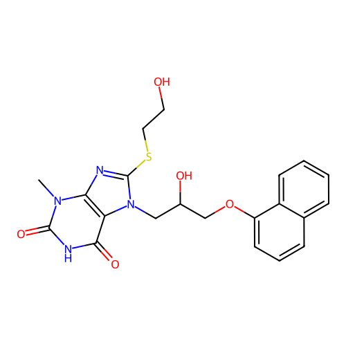 7-(2-hydroxy-3-(naphthalen-1-yloxy)propyl)-8-((2-hydroxyethyl)thio)-3-methyl-1H-purine-2,6(3H,7H)-dione structure