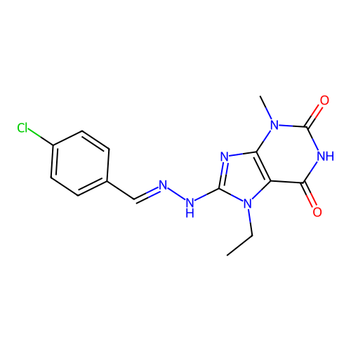 (E)-8-(2-(4-chlorobenzylidene)hydrazinyl)-7-ethyl-3-methyl-1H-purine-2,6(3H,7H)-dione structure