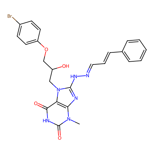7-(3-(4-bromophenoxy)-2-hydroxypropyl)-3-methyl-8-(2-(3-phenylallylidene)hydrazinyl)-1H-purine-2,6(3H,7H)-dione structure