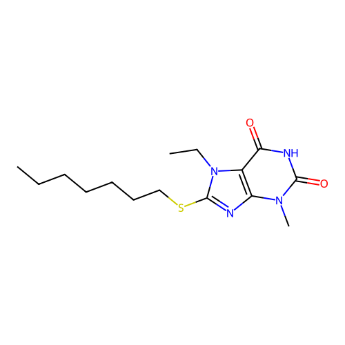 7-ethyl-8-(heptylsulfanyl)-3-methyl-3,7-dihydro-1H-purine-2,6-dione structure
