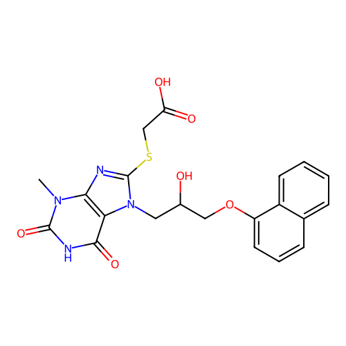 ({7-[2-hydroxy-3-(naphthalen-1-yloxy)propyl]-3-methyl-2,6-dioxo-2,3,6,7-tetrahydro-1H-purin-8-yl}sulfanyl)acetic acid structure