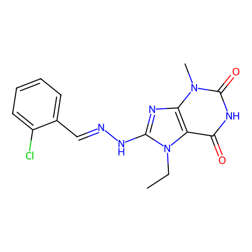 (E)-8-(2-(2-chlorobenzylidene)hydrazinyl)-7-ethyl-3-methyl-1H-purine-2,6(3H,7H)-dione structure