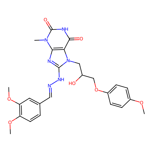 8-[(2E)-2-(3,4-dimethoxybenzylidene)hydrazinyl]-7-[2-hydroxy-3-(4-methoxyphenoxy)propyl]-3-methyl-3,7-dihydro-1H-purine-2,6-dione structure