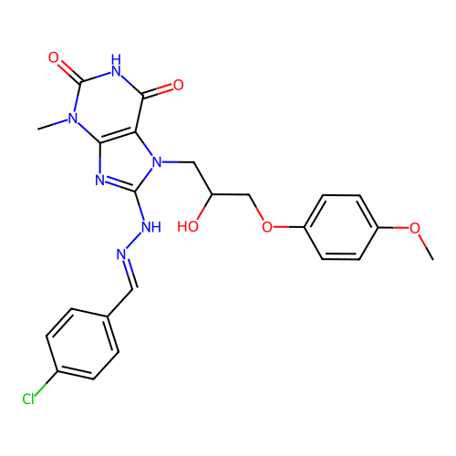 8-[(2E)-2-(4-chlorobenzylidene)hydrazinyl]-7-[2-hydroxy-3-(4-methoxyphenoxy)propyl]-3-methyl-3,7-dihydro-1H-purine-2,6-dione structure