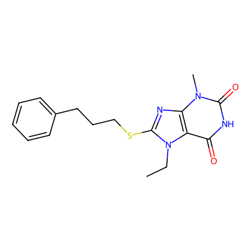 7-ethyl-3-methyl-8-[(3-phenylpropyl)sulfanyl]-3,7-dihydro-1H-purine-2,6-dione structure