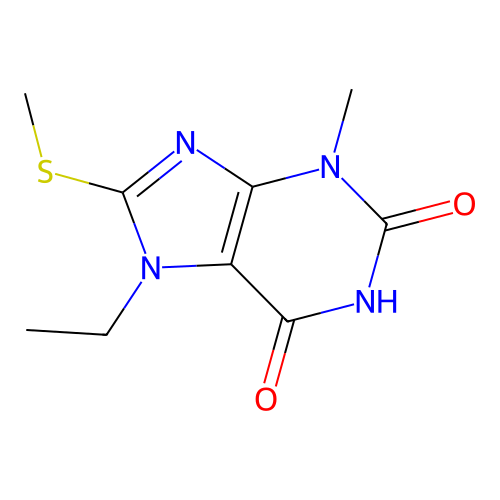 7-ethyl-3-methyl-8-(methylsulfanyl)-3,7-dihydro-1H-purine-2,6-dione structure
