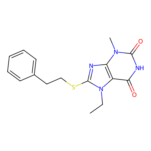 7-ethyl-3-methyl-8-[(2-phenylethyl)sulfanyl]-3,7-dihydro-1H-purine-2,6-dione structure