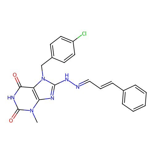 7-(4-chlorobenzyl)-3-methyl-8-{(2E)-2-[(2E)-3-phenylprop-2-en-1-ylidene]hydrazinyl}-3,7-dihydro-1H-purine-2,6-dione structure