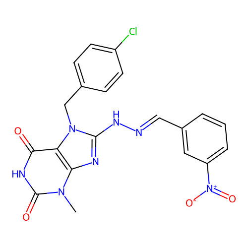 7-(4-chlorobenzyl)-3-methyl-8-[(2E)-2-(3-nitrobenzylidene)hydrazinyl]-3,7-dihydro-1H-purine-2,6-dione structure