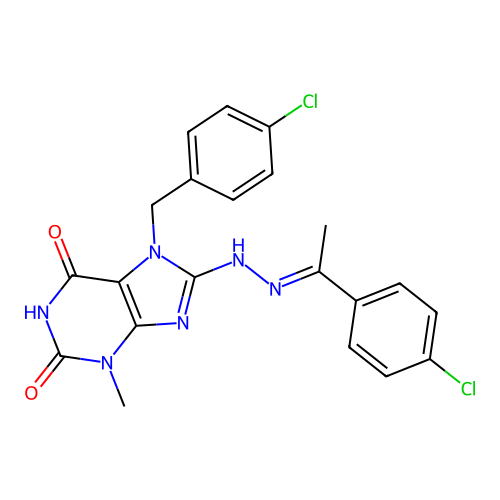 7-(4-chlorobenzyl)-8-{(2E)-2-[1-(4-chlorophenyl)ethylidene]hydrazinyl}-3-methyl-3,7-dihydro-1H-purine-2,6-dione structure