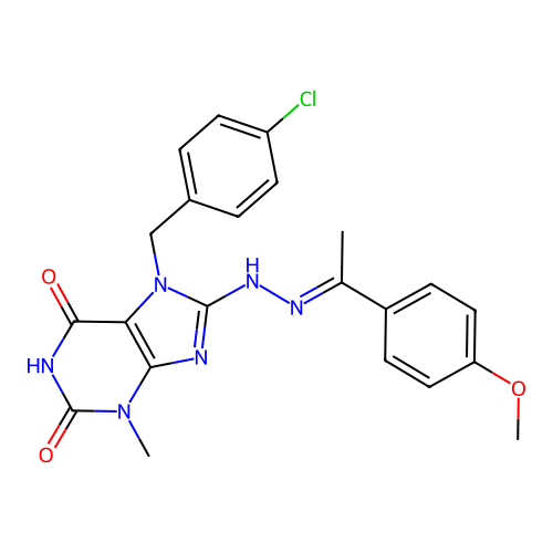 7-(4-chlorobenzyl)-8-{(2E)-2-[1-(4-methoxyphenyl)ethylidene]hydrazinyl}-3-methyl-3,7-dihydro-1H-purine-2,6-dione structure