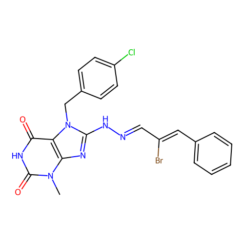 8-{(2E)-2-[(2Z)-2-bromo-3-phenylprop-2-en-1-ylidene]hydrazinyl}-7-(4-chlorobenzyl)-3-methyl-3,7-dihydro-1H-purine-2,6-dione structure