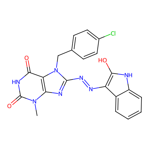 7-(4-chlorobenzyl)-3-methyl-8-[(2E)-2-(2-oxo-1,2-dihydro-3H-indol-3-ylidene)hydrazinyl]-3,7-dihydro-1H-purine-2,6-dione structure
