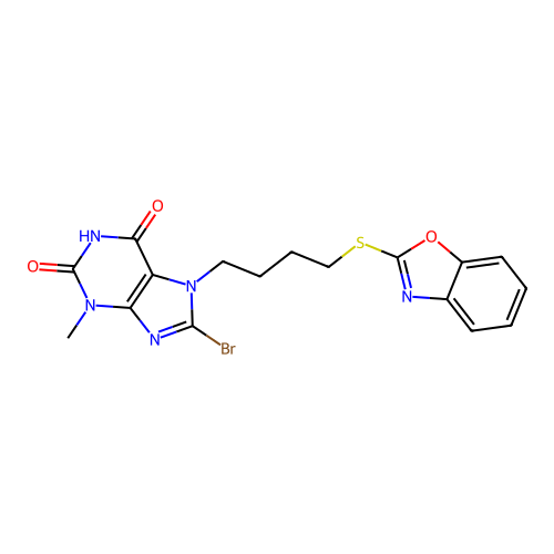 7-[4-(1,3-benzoxazol-2-ylsulfanyl)butyl]-8-bromo-3-methyl-3,7-dihydro-1H-purine-2,6-dione structure