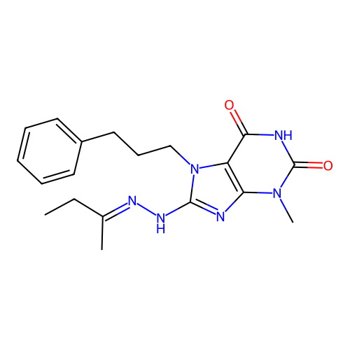 (E)-8-(2-(butan-2-ylidene)hydrazinyl)-3-methyl-7-(3-phenylpropyl)-1H-purine-2,6(3H,7H)-dione structure