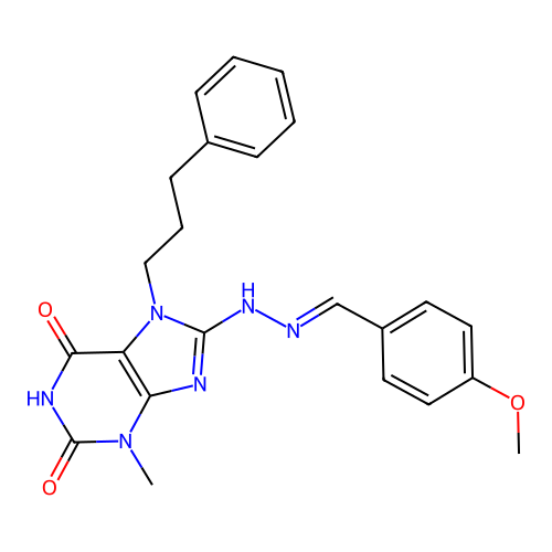 (E)-8-(2-(4-methoxybenzylidene)hydrazinyl)-3-methyl-7-(3-phenylpropyl)-1H-purine-2,6(3H,7H)-dione structure